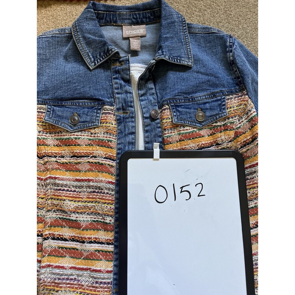 Chicos Woven Striped Mixed Media Denim Jacket Multi Color Trucker Blue Womens M - Picture 9 of 9